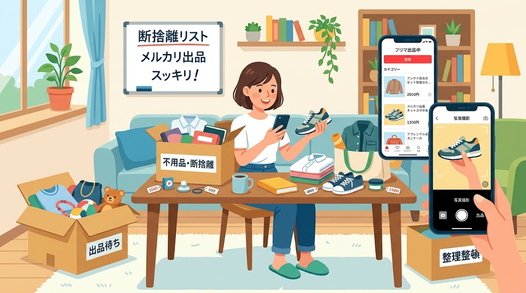 自宅で断捨離した不用品をフリマアプリに出品している様子のイラスト