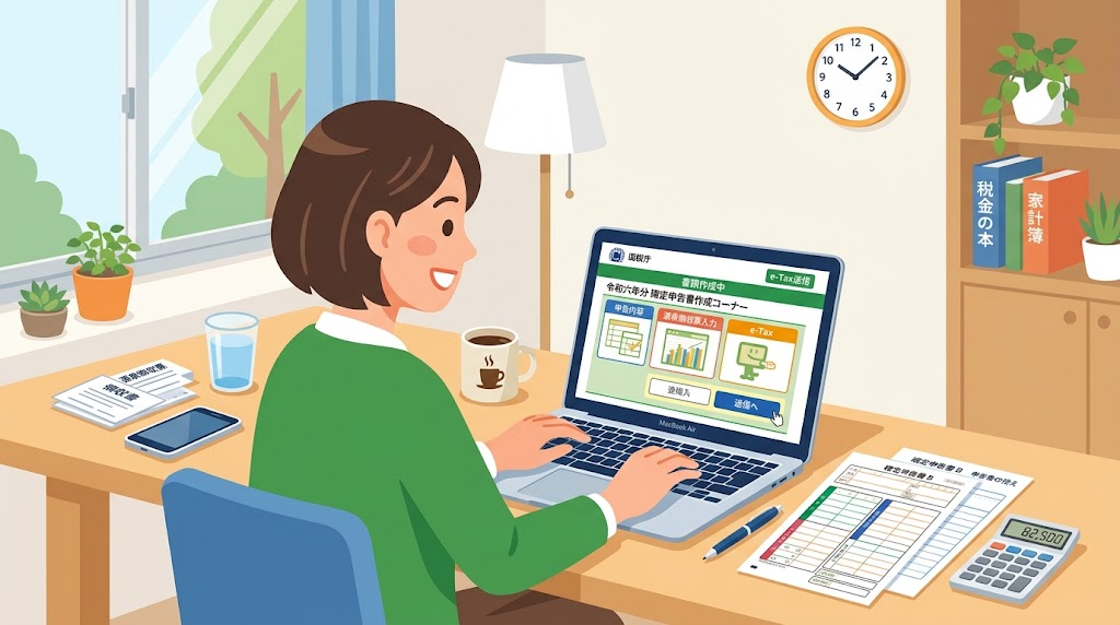 パソコンで確定申告の書類を作成している様子のイラスト