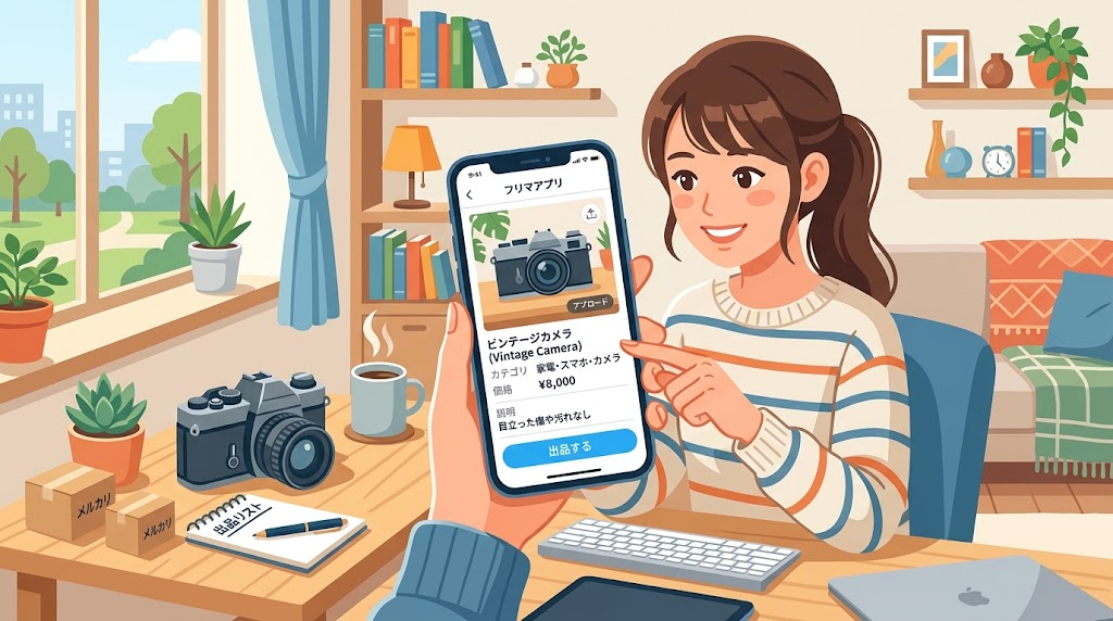 スマートフォンでフリマアプリの出品作業をしている様子のイラスト