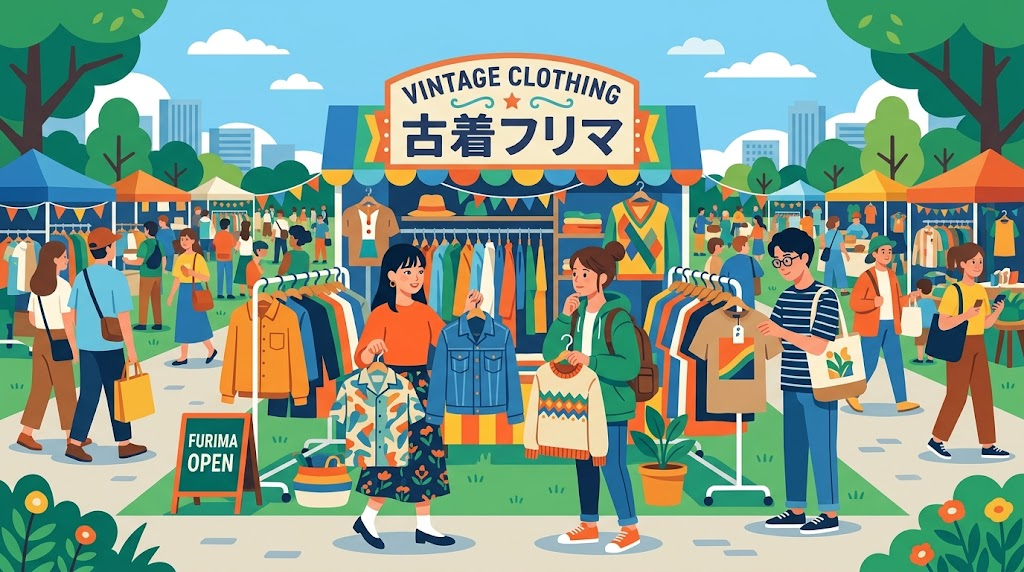 古着フリマイベント会場で商品を見比べている様子のイラスト