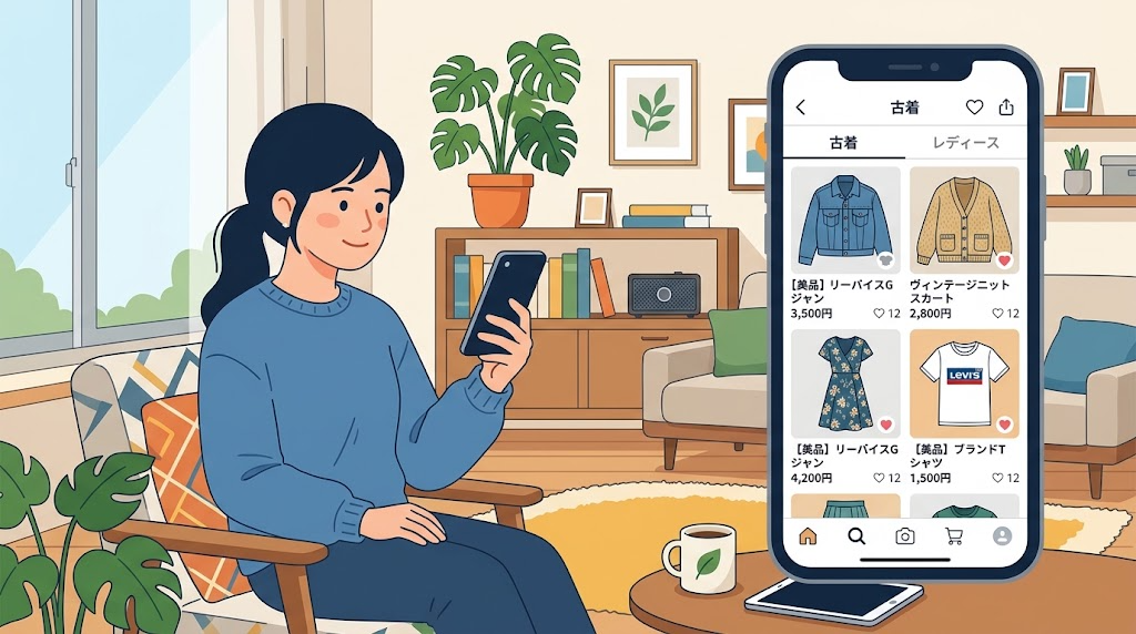 スマートフォンでフリマアプリの古着を確認している様子のイラスト