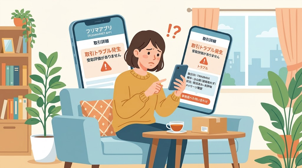 スマートフォンでフリマアプリの取引トラブルを確認している様子のイラスト