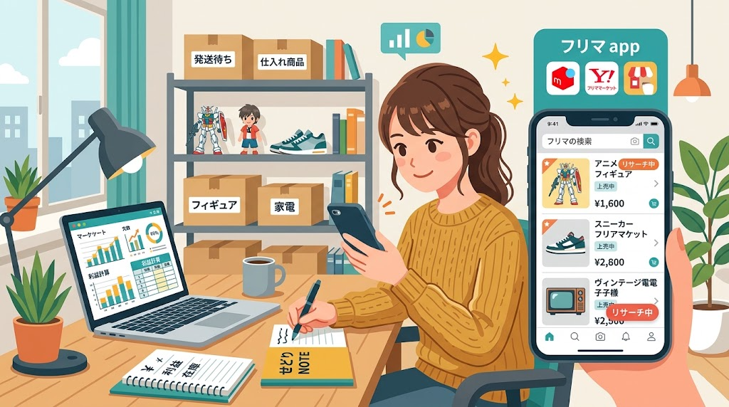 スマートフォンでフリマアプリのせどり用商品をリサーチしている様子のイラスト