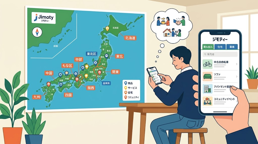 日本地図とスマートフォンでジモティーの地域別投稿を確認している様子のイラスト