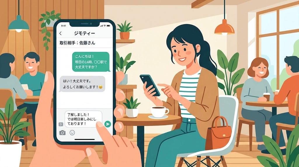 スマートフォンでジモティーの取引相手とやり取りしている様子のイラスト