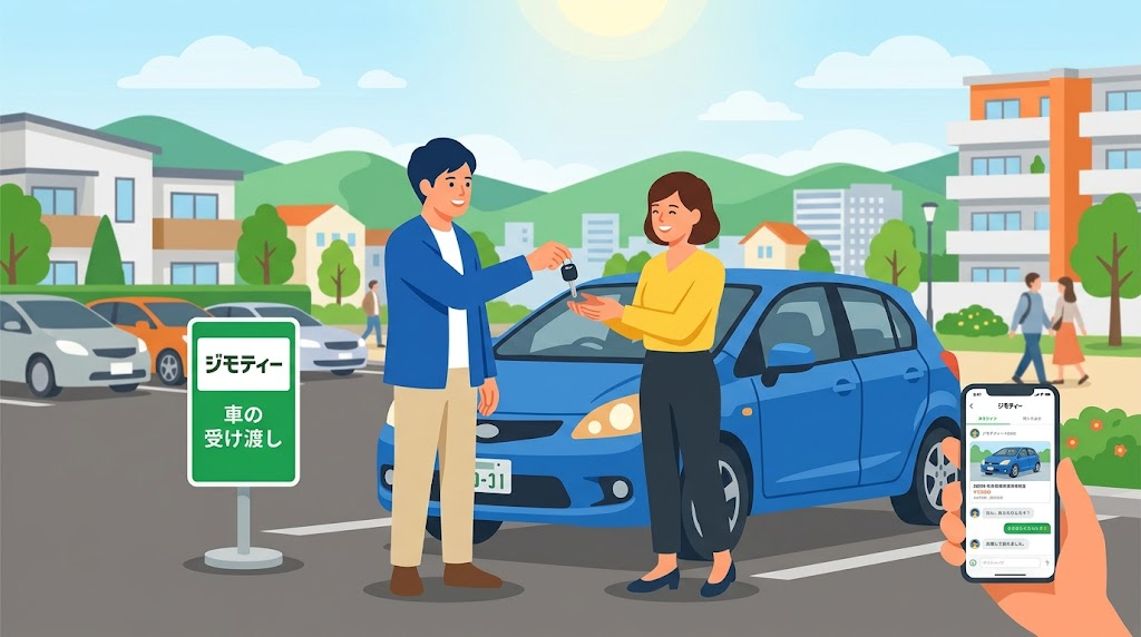 ジモティーで車の受け渡しをしている様子のイラスト