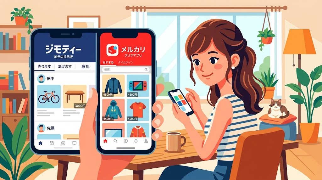 スマートフォンでジモティーとメルカリのアプリを見比べている様子のイラスト