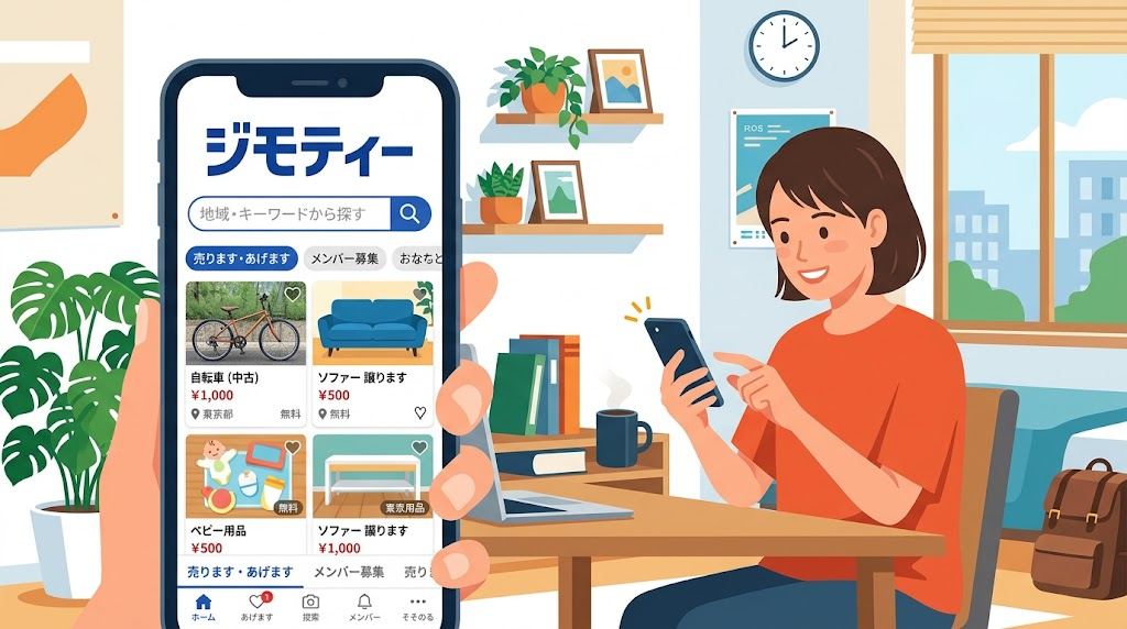 スマートフォンでジモティーのアプリを操作している様子のイラスト