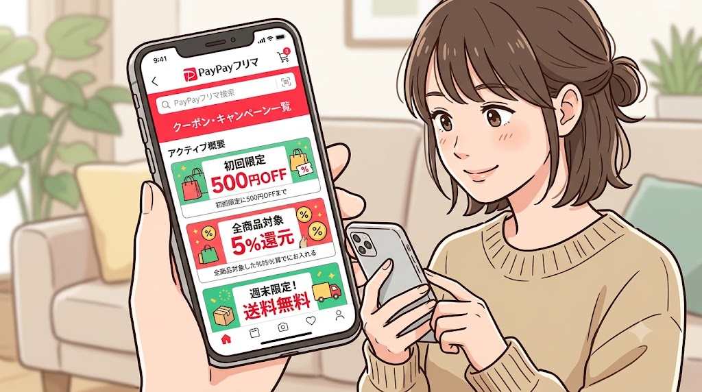 スマートフォンでPayPayフリマのクーポン・キャンペーン一覧画面を確認している様子のイラスト