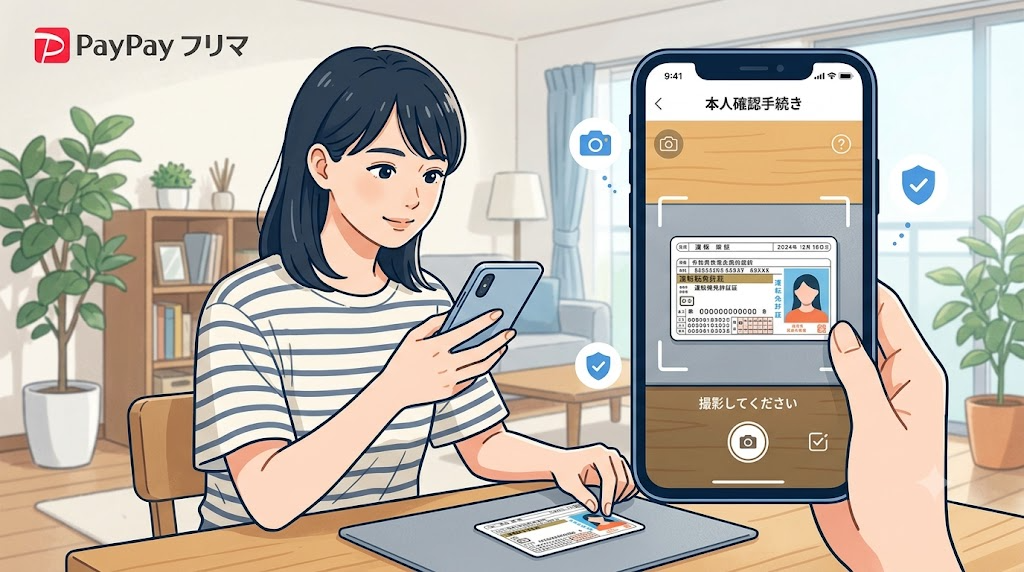スマートフォンで本人確認書類を撮影しPayPayフリマの本人確認手続きを行っている様子のイラスト