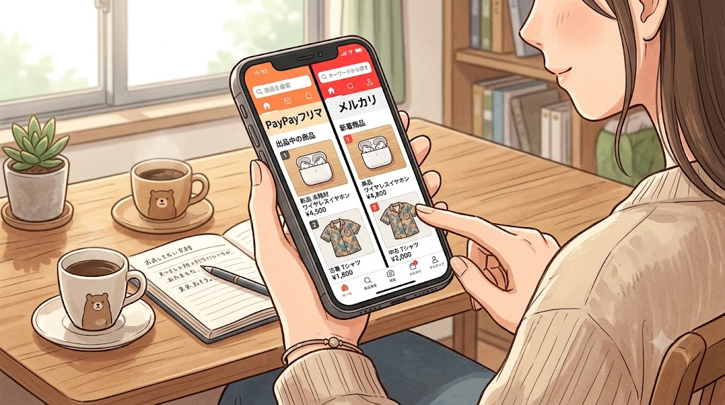 スマートフォンでPayPayフリマとメルカリのアプリを並べて比較している様子のイラスト