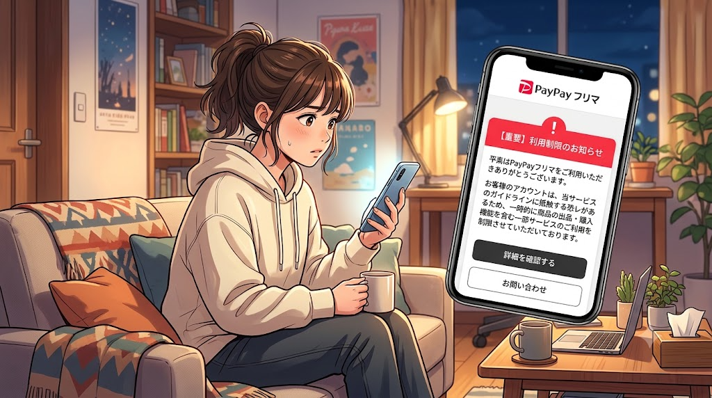 スマートフォンでPayPayフリマの利用制限に関する通知画面を確認している様子のイラスト