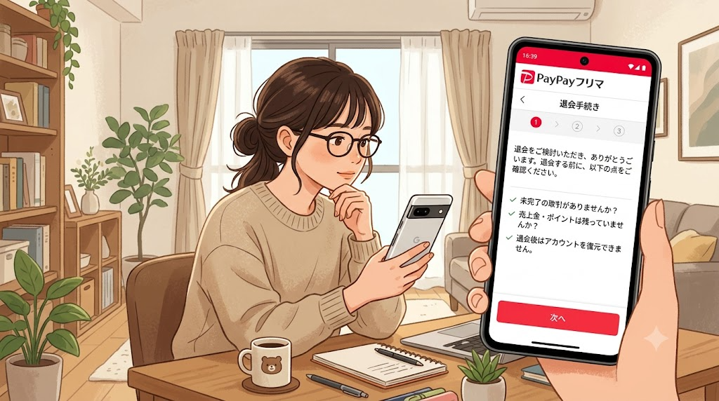 スマートフォンでPayPayフリマの退会手続き画面を確認している様子のイラスト