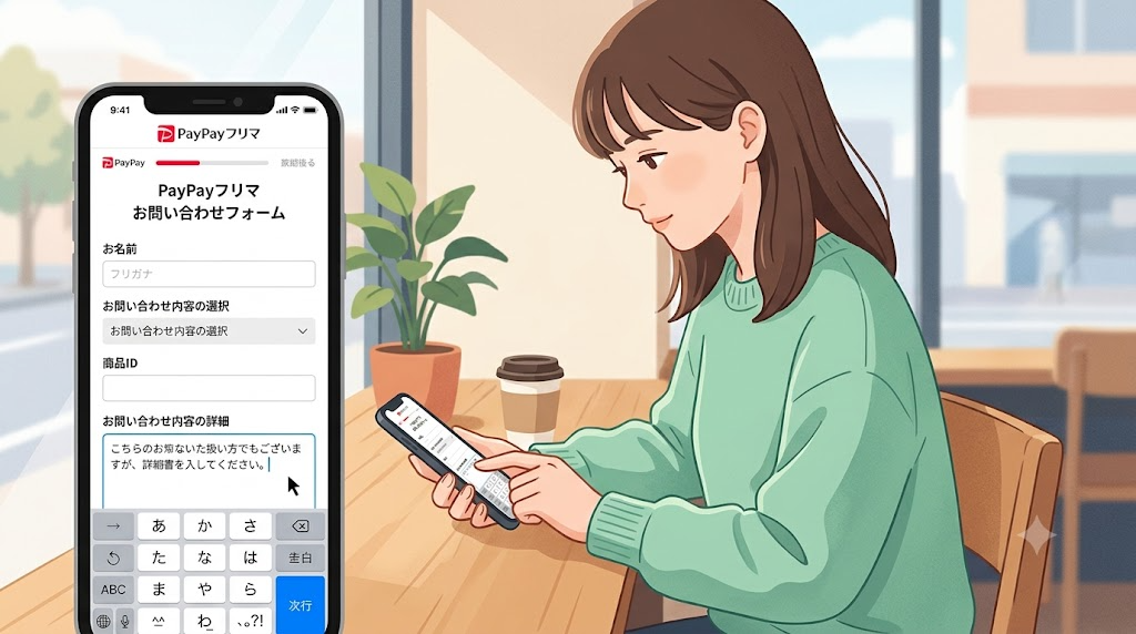 スマートフォンでPayPayフリマのお問い合わせフォームを入力している様子のイラスト