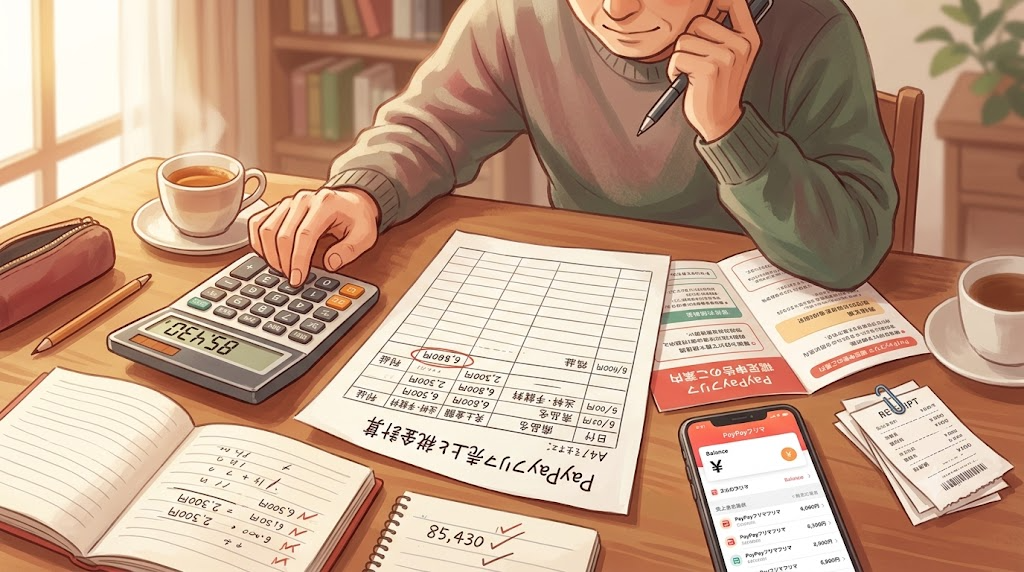 電卓と書類でPayPayフリマの売上と税金について確認している様子のイラスト
