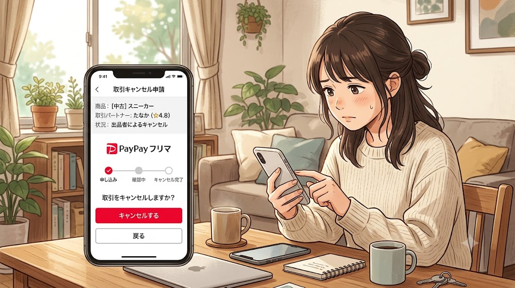 スマートフォンでPayPayフリマの取引キャンセル画面を確認している様子のイラスト