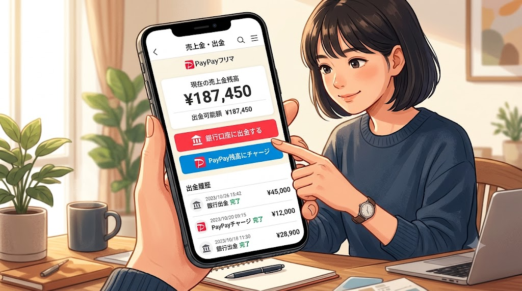 スマートフォンでPayPayフリマの売上金・出金画面を確認している様子のイラスト