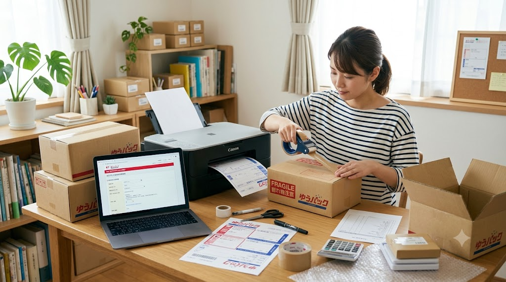自宅で商品を梱包しゆうパックの配送ラベルを準備している様子のイラスト