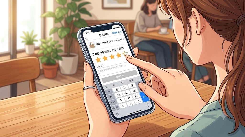 スマートフォンでPayPayフリマの取引評価画面に星やコメントを入力している様子のイラスト