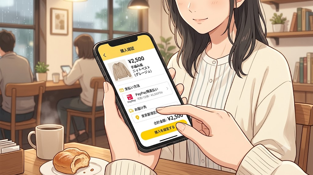 スマートフォンでPayPayフリマの商品購入画面を操作している様子のイラスト