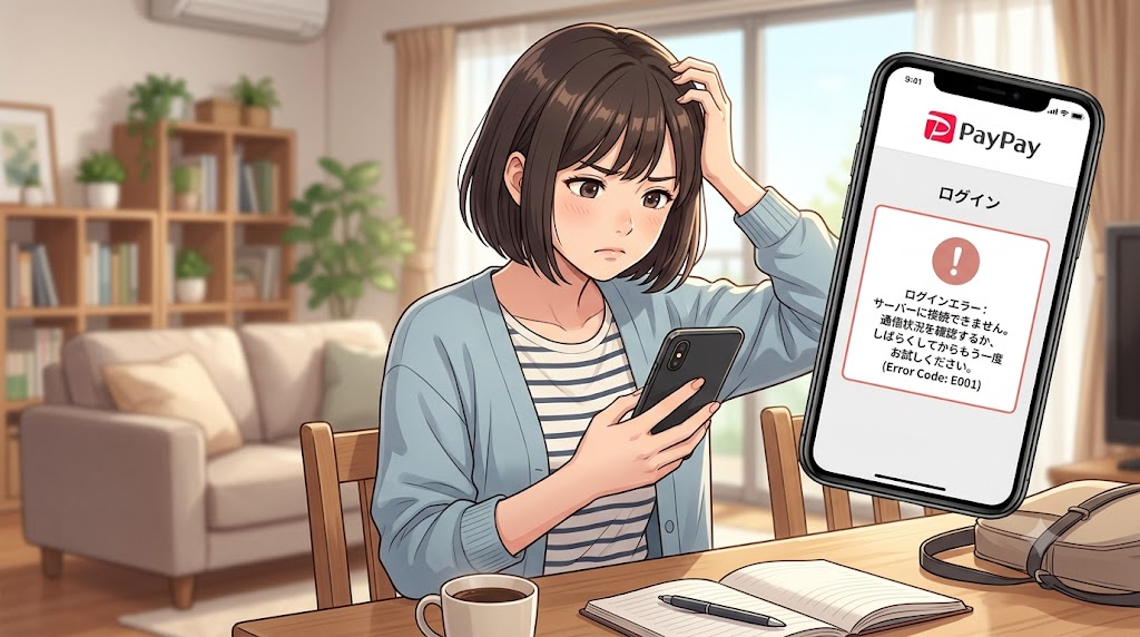 スマートフォンでPayPayフリマのログイン画面のエラーを確認している様子のイラスト
