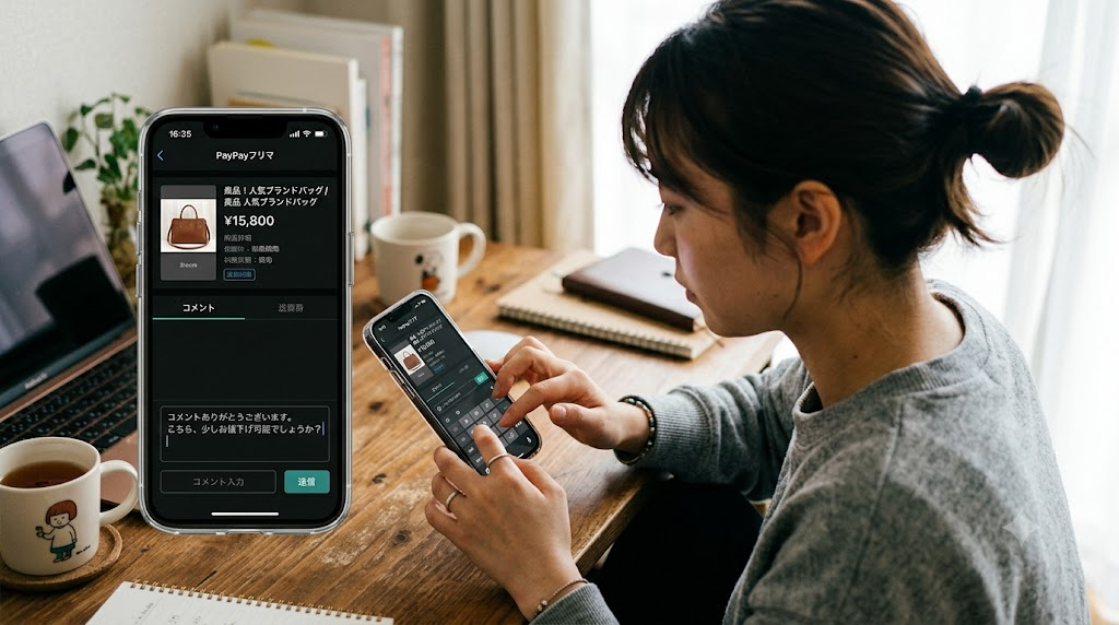スマートフォンでPayPayフリマのコメント欄に値下げのお願いを入力している様子のイラスト