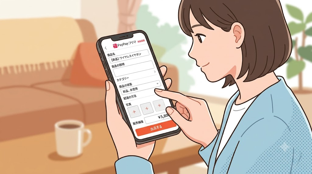 スマートフォンでPayPayフリマの商品出品画面を操作している様子のイラスト