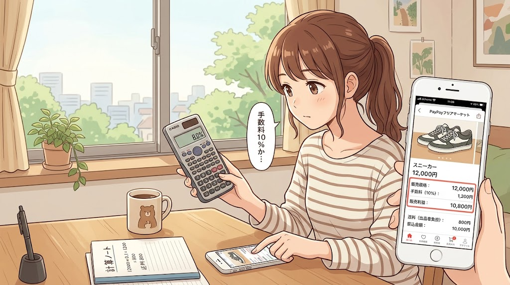 電卓とスマートフォンでPayPayフリマの手数料を計算している様子のイラスト