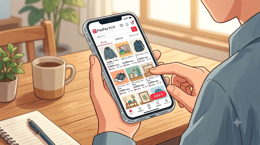 スマートフォンでPayPayフリマアプリを開いている様子のイラスト