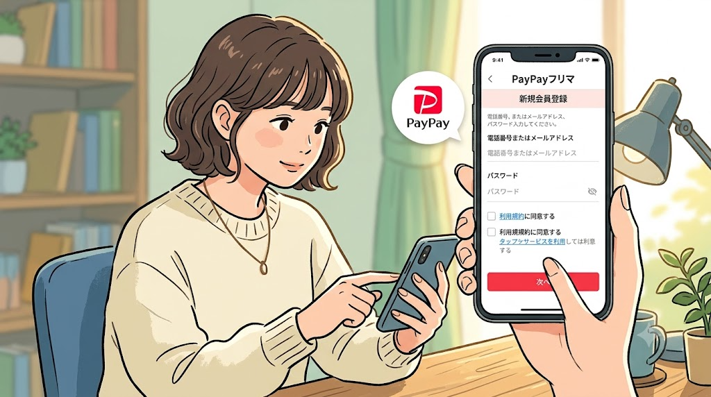 スマートフォンでPayPayフリマのアカウント登録画面を操作している様子のイラスト