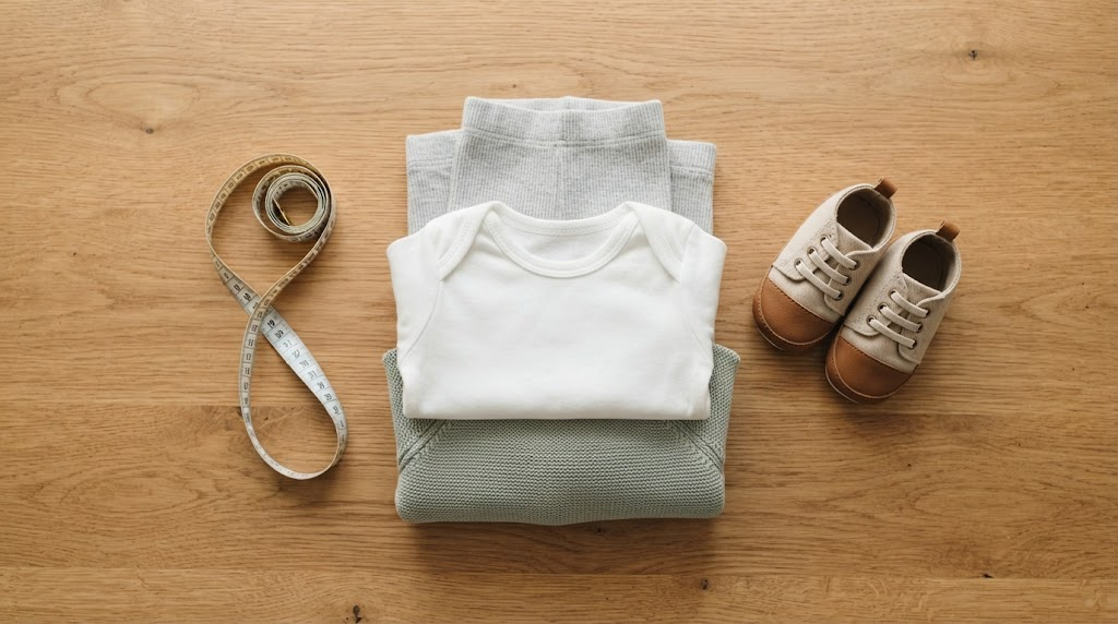 きれいにたたまれた子供服と小さなくつ、メジャーが木のテーブルに並んでいるイメージ