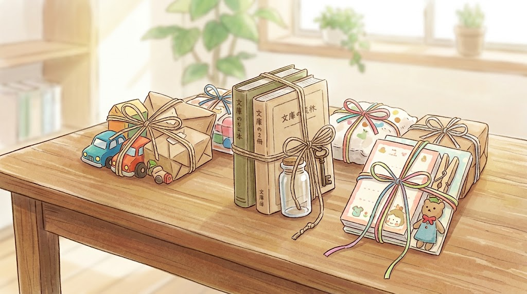 複数の小物を机に並べて、まとめて出品する準備をしている様子のイラスト
