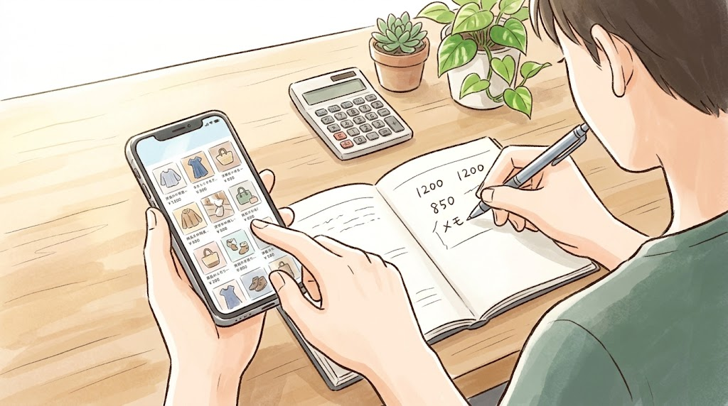 スマートフォンで売り切れ商品の価格を見比べて、相場を調べている様子のイラスト